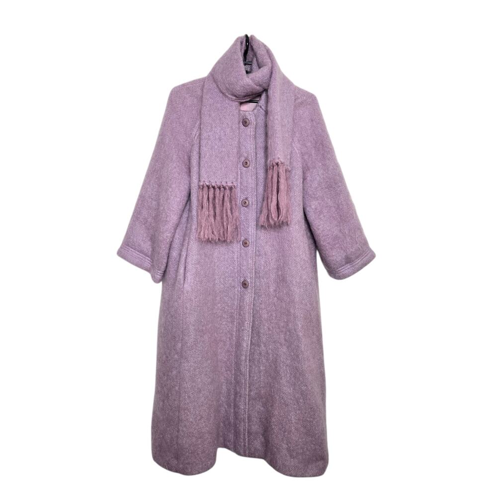 Vintage Donegal Design Mohair A-Line Purple Swing Coat Attached Scarf Womens
